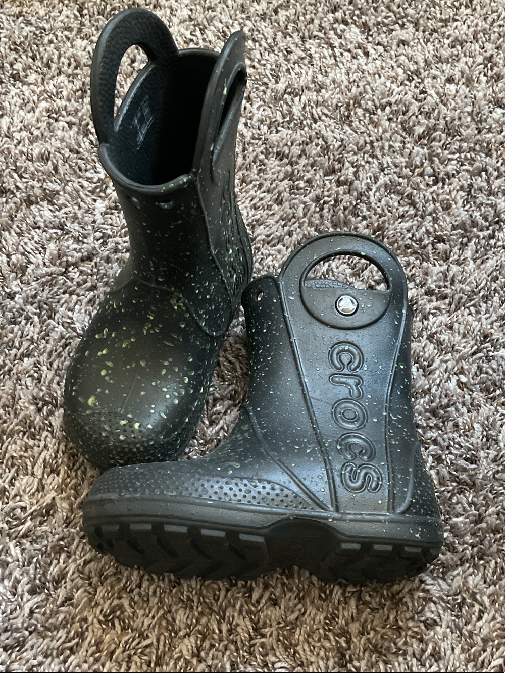 CROCS Black Rain Boots with Green Speckle Accents